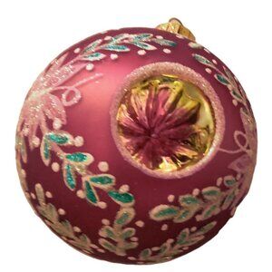 Ornate Red Gold Turquoise Christmas Ornament Glitter Floral Shatterproof 3 in
